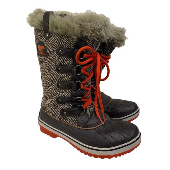 SOREL Herringbone Quilted Brown Winter Waterproof Boots Faux Fur Trim Lined 9us - Picture 8 of 9